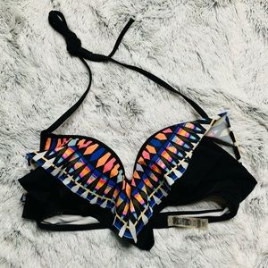 EUC Victoria Secret’s PINK black halter bikini top with multi-color overlay Sz S